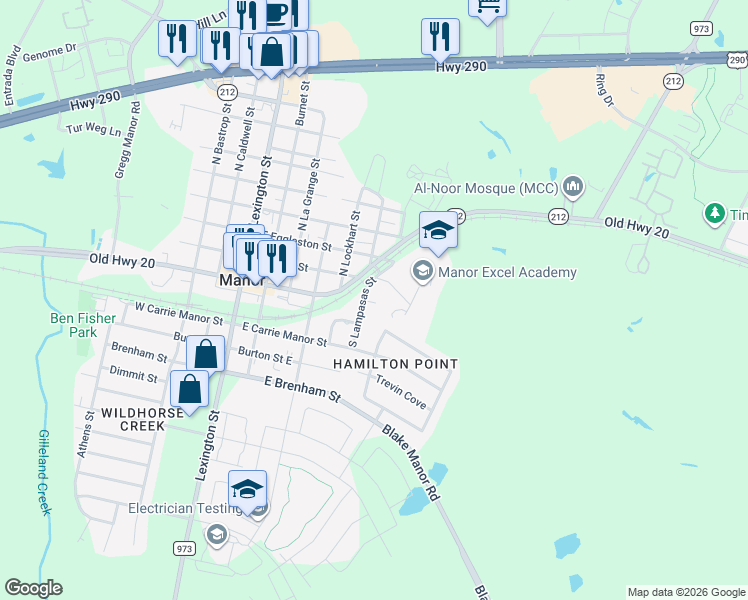 map of restaurants, bars, coffee shops, grocery stores, and more near 603 South Lampasas Street in Manor