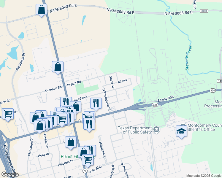 map of restaurants, bars, coffee shops, grocery stores, and more near 504 Hildred Avenue in Conroe