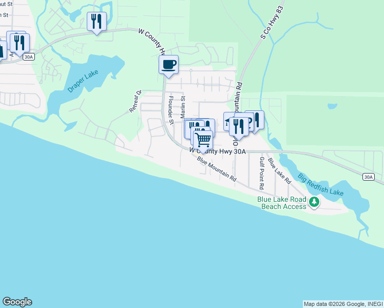 map of restaurants, bars, coffee shops, grocery stores, and more near 2381 West County Highway 30A in Santa Rosa Beach