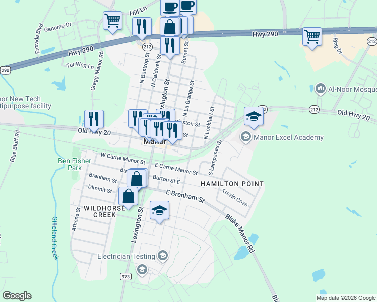 map of restaurants, bars, coffee shops, grocery stores, and more near 302 East Parsons Street in Manor