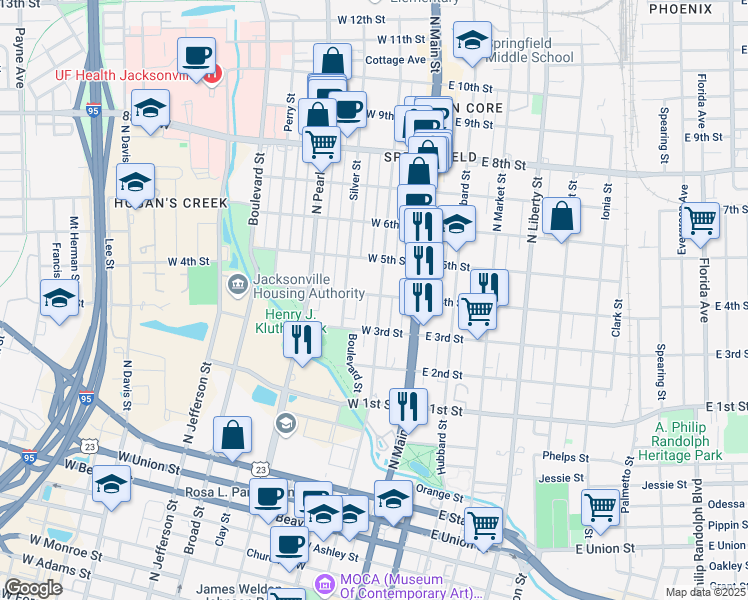 map of restaurants, bars, coffee shops, grocery stores, and more near 134 West 4th Street in Jacksonville