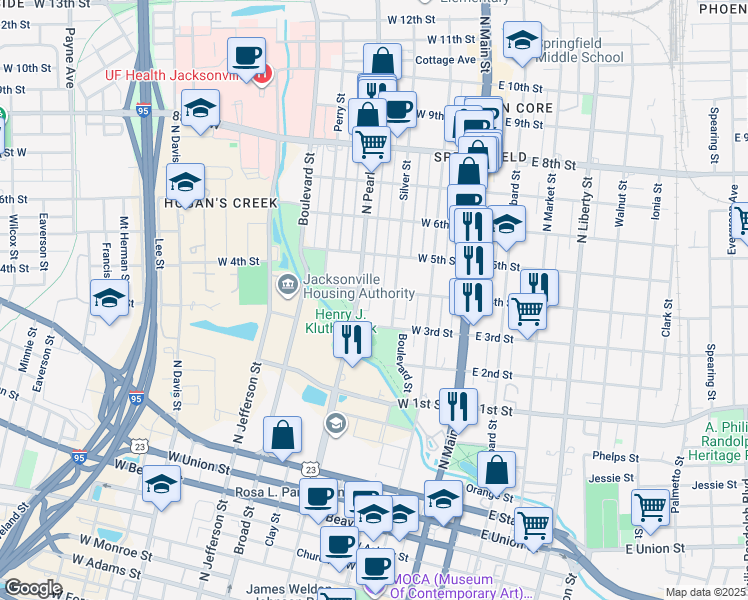 map of restaurants, bars, coffee shops, grocery stores, and more near 234 West 4th Street in Jacksonville