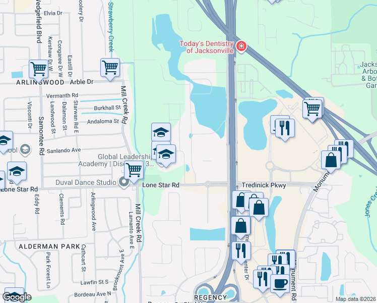 map of restaurants, bars, coffee shops, grocery stores, and more near 1607 Garden Grove Court in Jacksonville