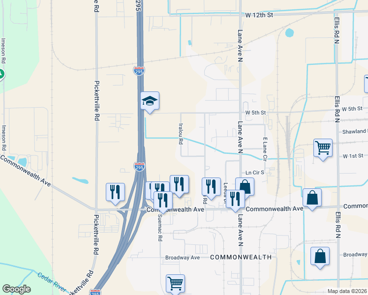 map of restaurants, bars, coffee shops, grocery stores, and more near 1334 Iralou Road in Jacksonville