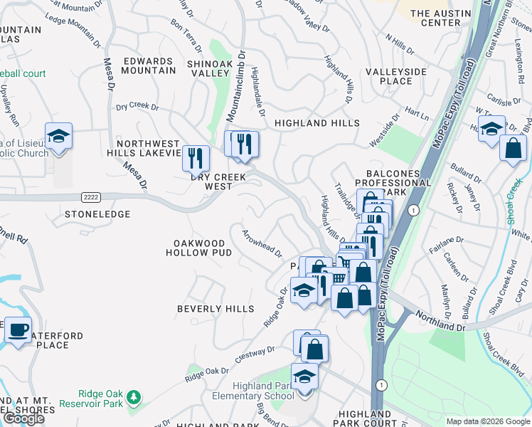 map of restaurants, bars, coffee shops, grocery stores, and more near 3609 Las Colinas Drive in Austin
