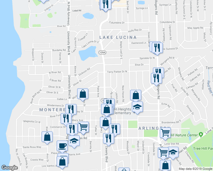 map of restaurants, bars, coffee shops, grocery stores, and more near 5947 Theed Street in Jacksonville