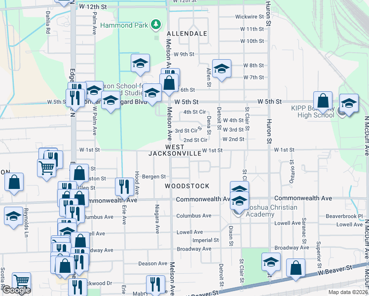 map of restaurants, bars, coffee shops, grocery stores, and more near 3117 West 1st Street in Jacksonville
