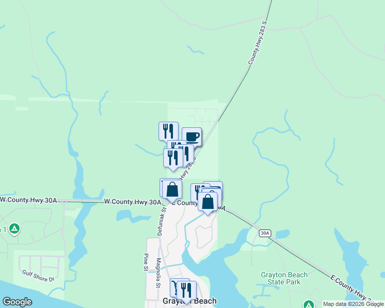 map of restaurants, bars, coffee shops, grocery stores, and more near 26 Logan Lane in Santa Rosa Beach