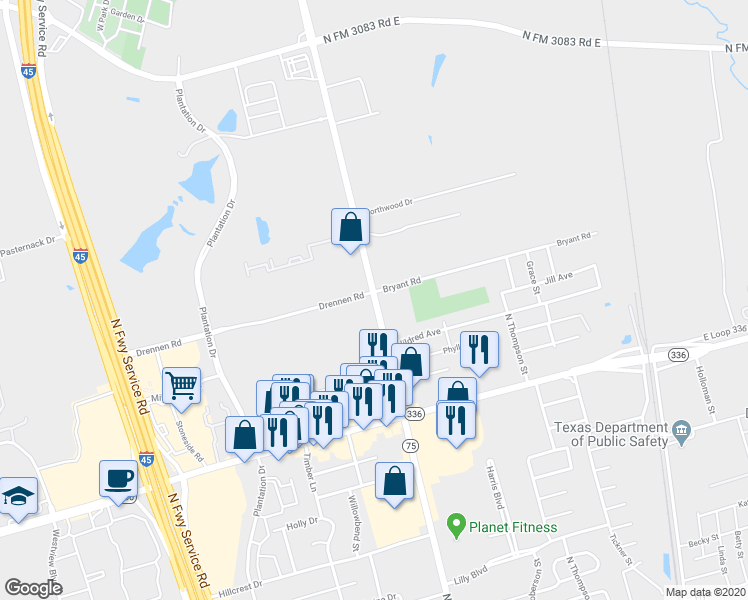 map of restaurants, bars, coffee shops, grocery stores, and more near 2309 North Frazier Street in Conroe