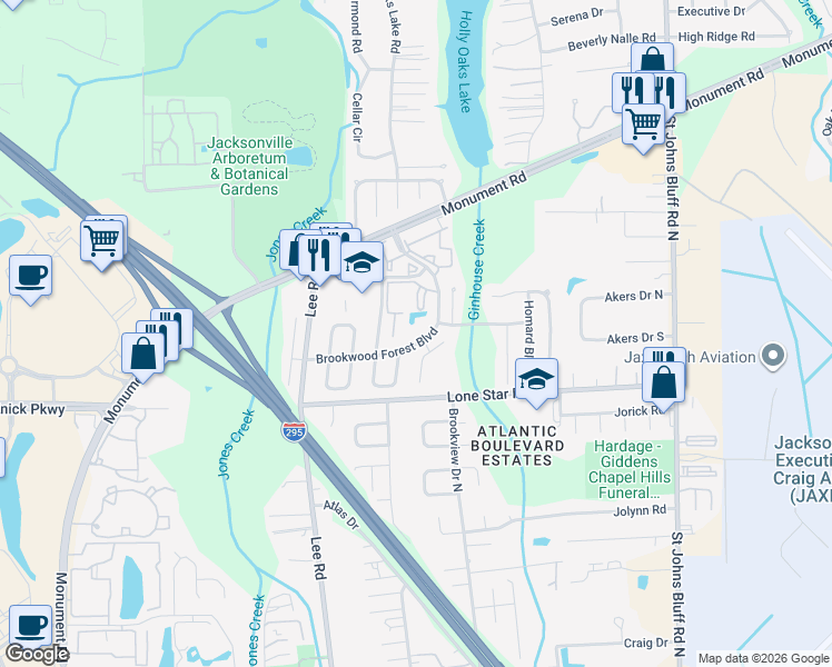 map of restaurants, bars, coffee shops, grocery stores, and more near 10161 Brookwood Forest Boulevard in Jacksonville