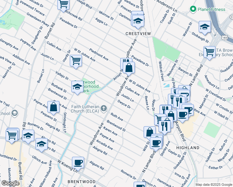 map of restaurants, bars, coffee shops, grocery stores, and more near 1401 Justin Lane in Austin