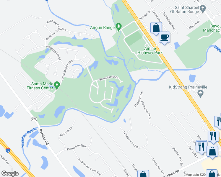 map of restaurants, bars, coffee shops, grocery stores, and more near 19332 Pebble Beach Drive in Baton Rouge