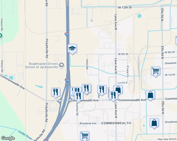 map of restaurants, bars, coffee shops, grocery stores, and more near 1334 Iralou Road in Jacksonville