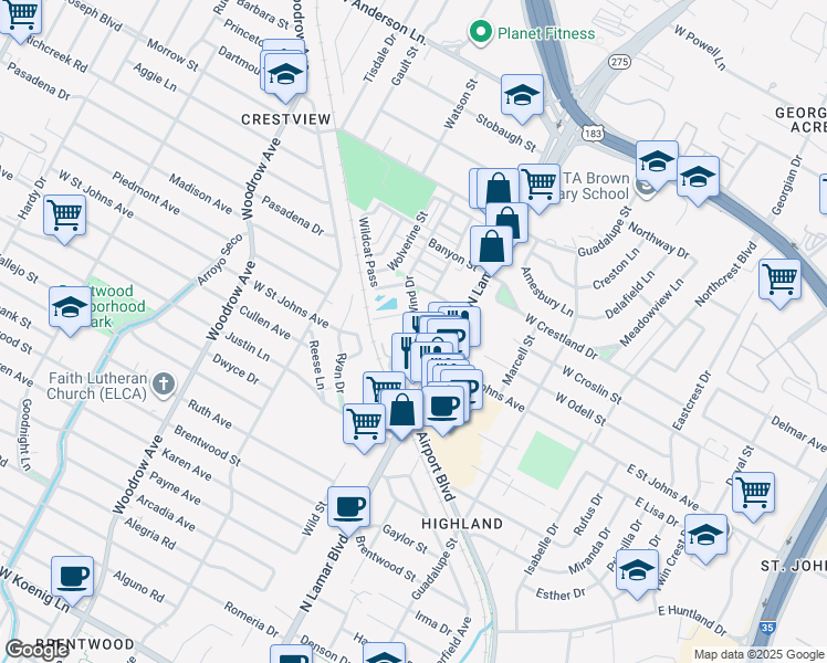 map of restaurants, bars, coffee shops, grocery stores, and more near 7211 Easy Wind Drive in Austin