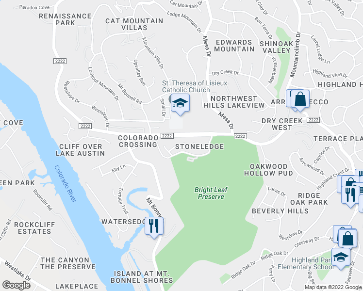 map of restaurants, bars, coffee shops, grocery stores, and more near 4228 Creek Ledge in Austin