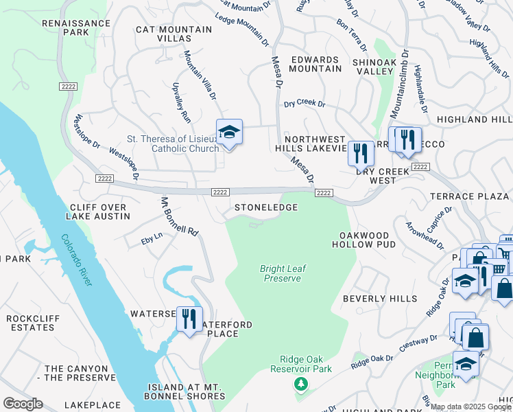 map of restaurants, bars, coffee shops, grocery stores, and more near 4206 Creek Ledge in Austin