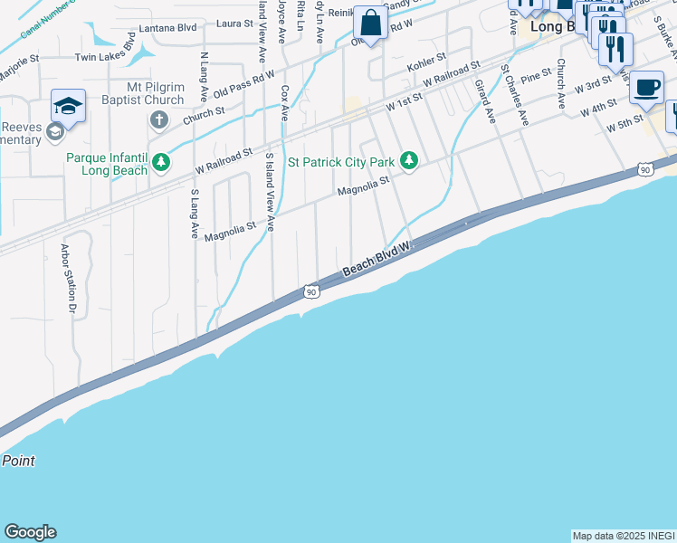 map of restaurants, bars, coffee shops, grocery stores, and more near 548 Beach Boulevard West in Long Beach