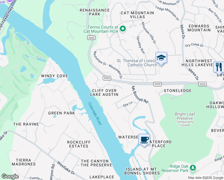 map of restaurants, bars, coffee shops, grocery stores, and more near 5608 Palisade Court in Austin