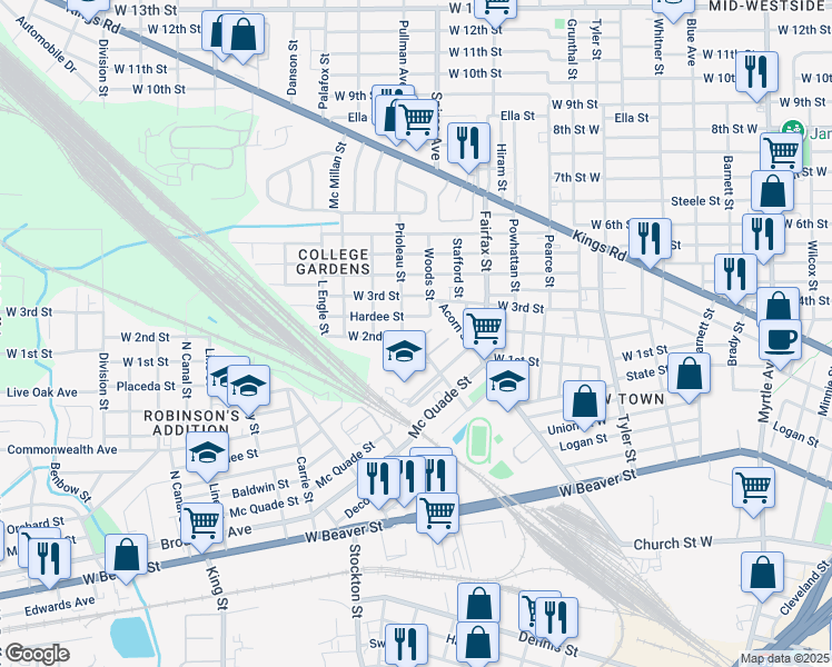 map of restaurants, bars, coffee shops, grocery stores, and more near 1893 Junior Street in Jacksonville