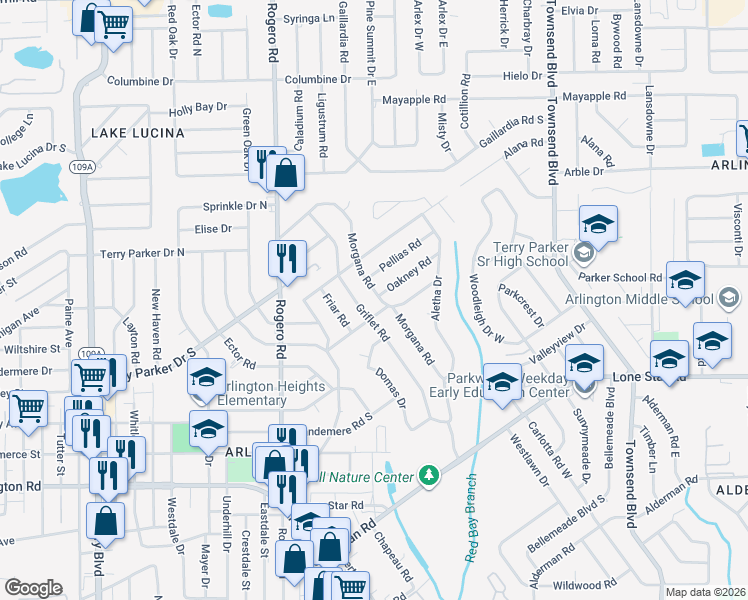 map of restaurants, bars, coffee shops, grocery stores, and more near 1618 Morgana Road in Jacksonville