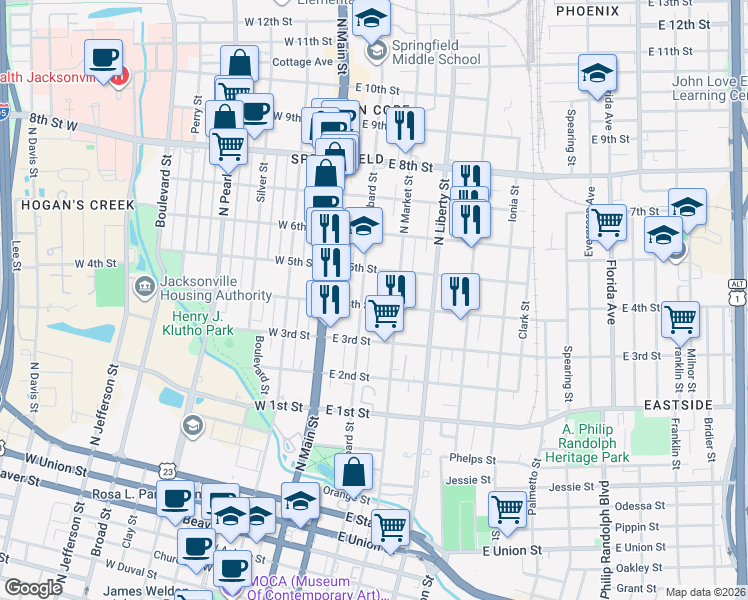 map of restaurants, bars, coffee shops, grocery stores, and more near 115 East 4th Street in Jacksonville