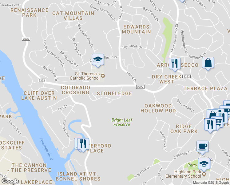 map of restaurants, bars, coffee shops, grocery stores, and more near 4114 Creek Ledge in Austin