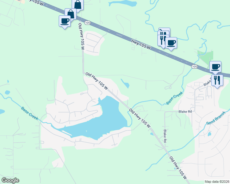 map of restaurants, bars, coffee shops, grocery stores, and more near 2487 Old Highway 105 West in Conroe