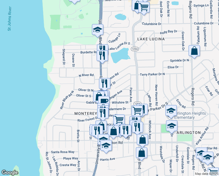 map of restaurants, bars, coffee shops, grocery stores, and more near 5640 Oliver Street in Jacksonville