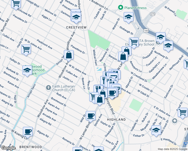 map of restaurants, bars, coffee shops, grocery stores, and more near 1000 West Saint Johns Avenue in Austin