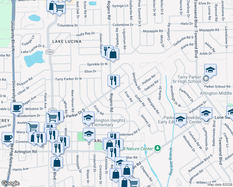 map of restaurants, bars, coffee shops, grocery stores, and more near 6802 King Arthur Road in Jacksonville