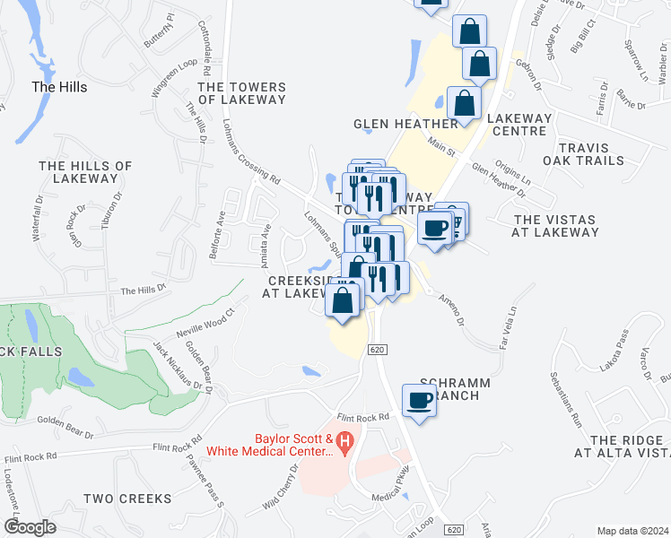 map of restaurants, bars, coffee shops, grocery stores, and more near 109 Outcrop View Lane in Austin