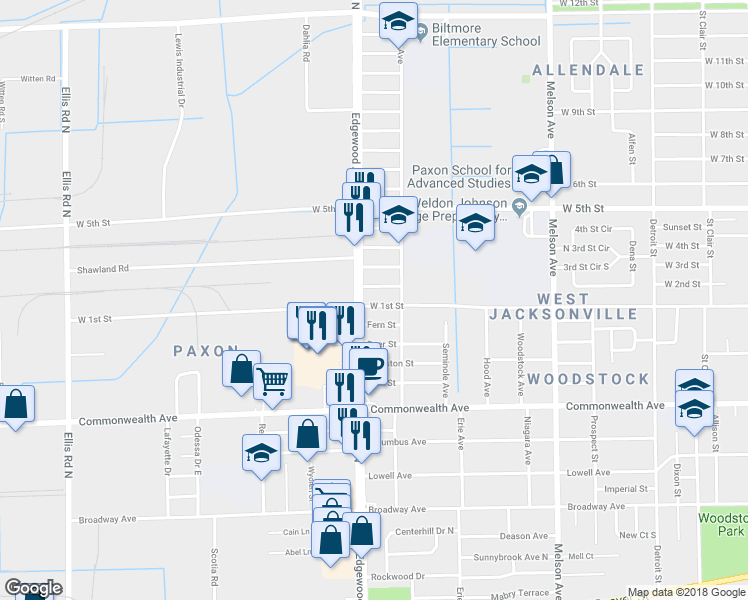 map of restaurants, bars, coffee shops, grocery stores, and more near 3533 W 1st St in Jacksonville