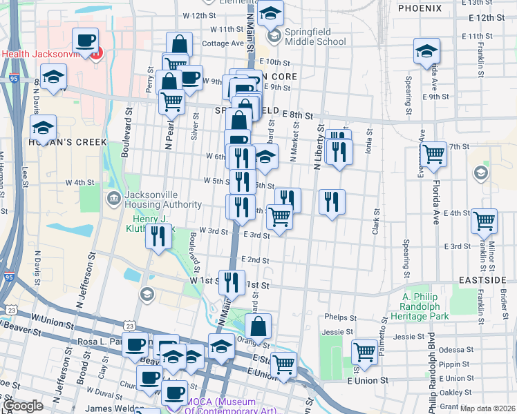 map of restaurants, bars, coffee shops, grocery stores, and more near 1401 North Main Street in Jacksonville