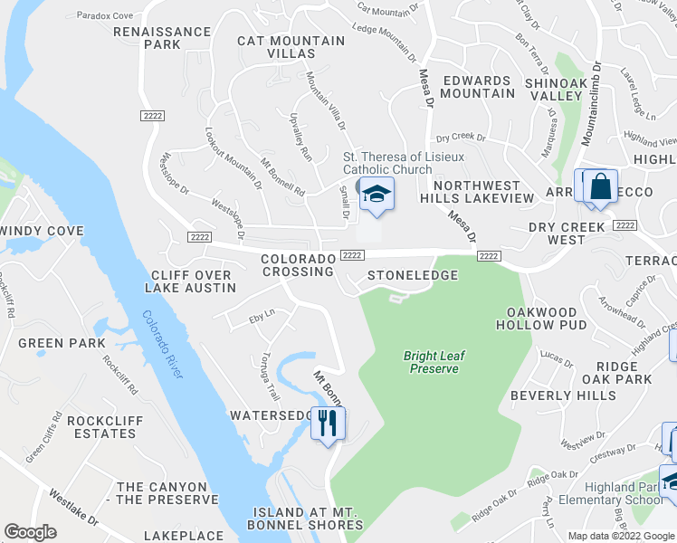map of restaurants, bars, coffee shops, grocery stores, and more near 4305 Bonnell Vista Street in Austin