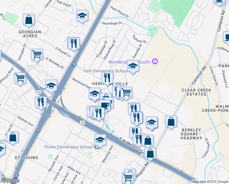 map of restaurants, bars, coffee shops, grocery stores, and more near 1030 Norwood Park Boulevard in Austin