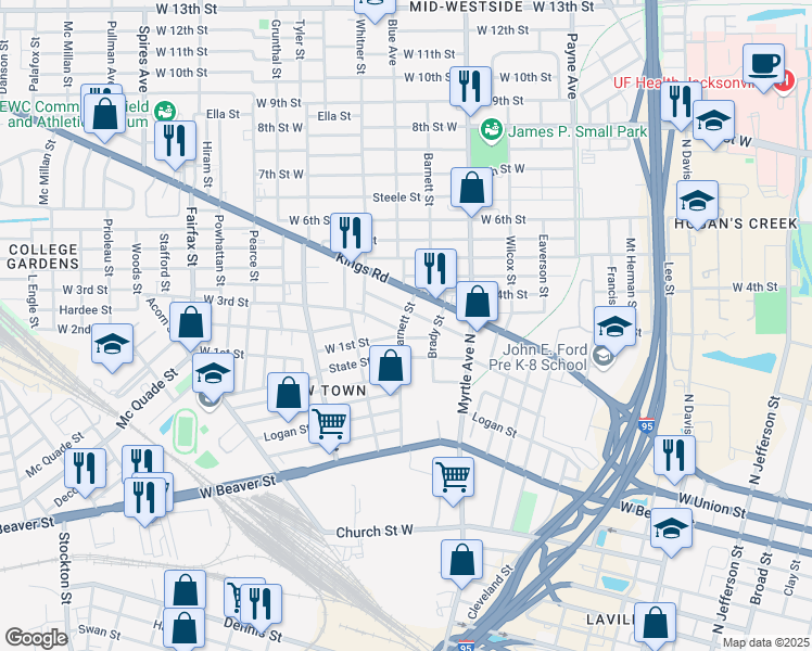 map of restaurants, bars, coffee shops, grocery stores, and more near 1117 Barnett Street in Jacksonville