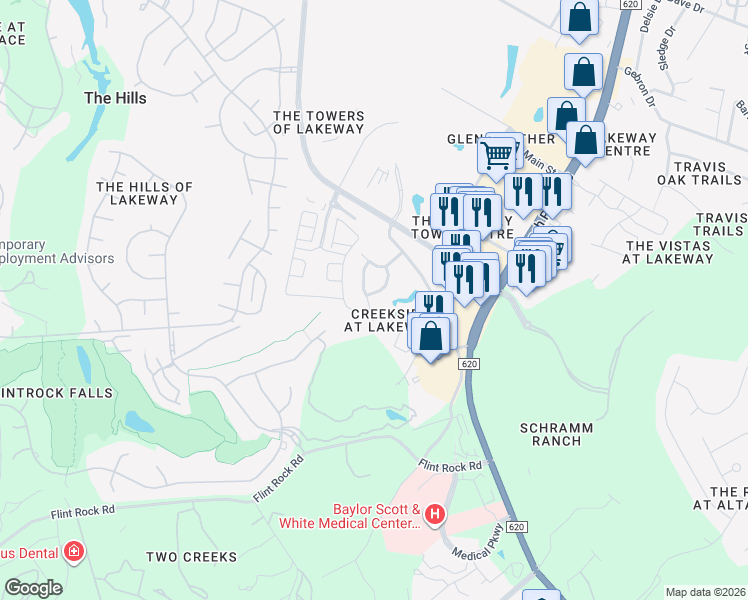map of restaurants, bars, coffee shops, grocery stores, and more near 119 Outcrop View Lane in Austin