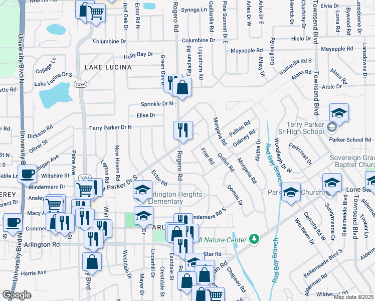 map of restaurants, bars, coffee shops, grocery stores, and more near 6802 King Arthur Road in Jacksonville