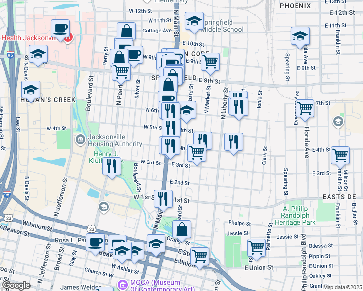 map of restaurants, bars, coffee shops, grocery stores, and more near 1401 North Main Street in Jacksonville