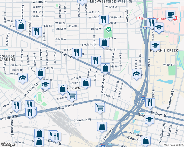 map of restaurants, bars, coffee shops, grocery stores, and more near 1117 Barnett Street in Jacksonville