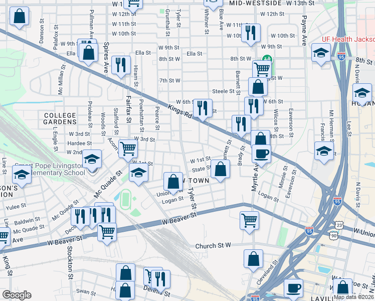 map of restaurants, bars, coffee shops, grocery stores, and more near 1521 West 2nd Street in Jacksonville
