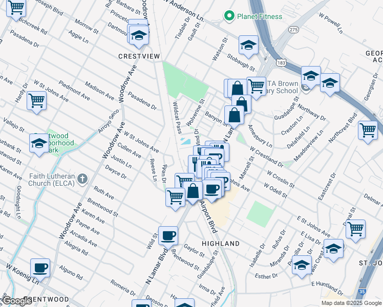 map of restaurants, bars, coffee shops, grocery stores, and more near 7211 Easy Wind Drive in Austin