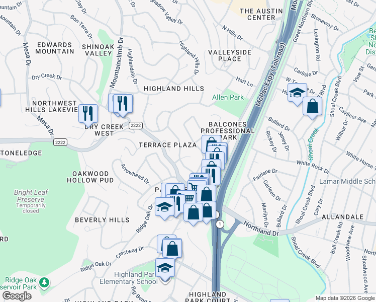 map of restaurants, bars, coffee shops, grocery stores, and more near 5706 Highland Hills Circle in Austin