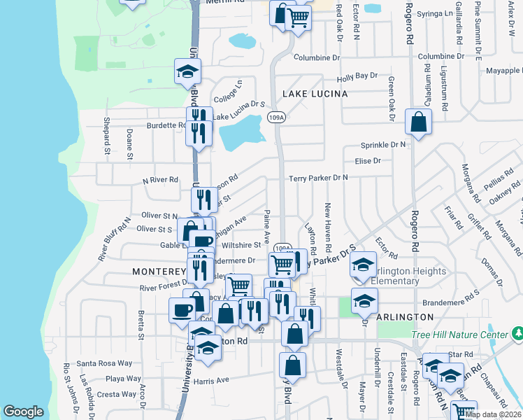 map of restaurants, bars, coffee shops, grocery stores, and more near 5852 Michigan Avenue in Jacksonville