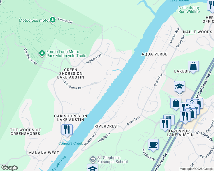 map of restaurants, bars, coffee shops, grocery stores, and more near 3607 Robbins Road in Austin