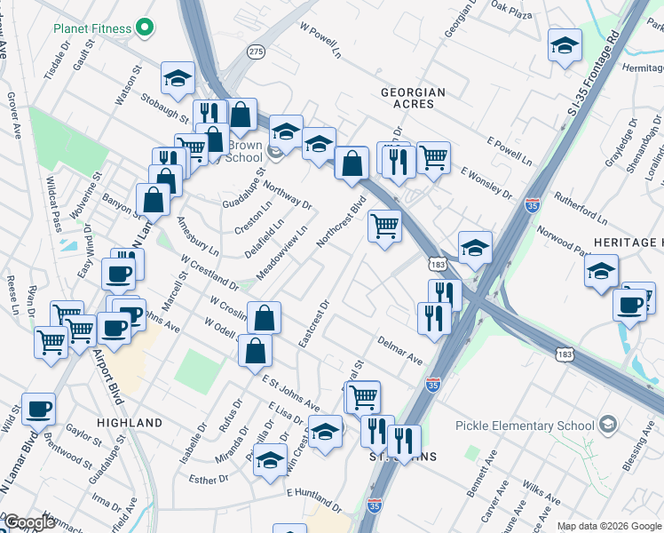 map of restaurants, bars, coffee shops, grocery stores, and more near 7609 Carriage Drive in Austin