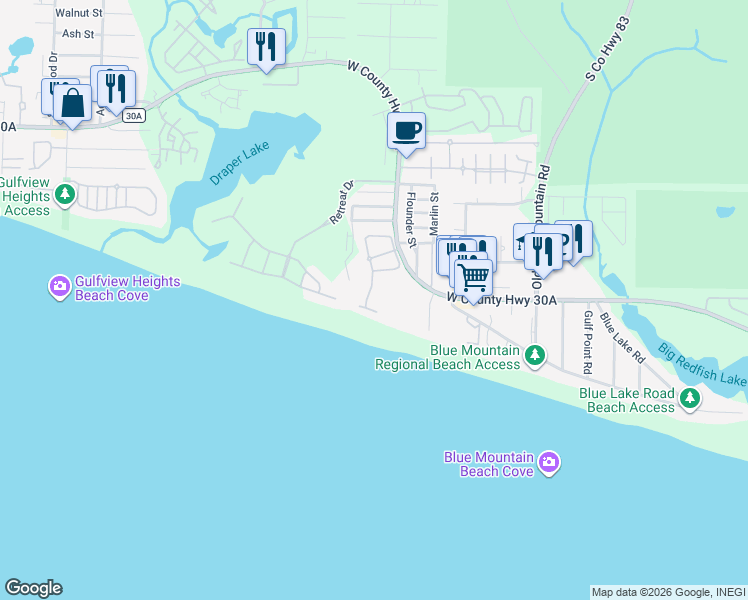 map of restaurants, bars, coffee shops, grocery stores, and more near 193 White Cliffs Boulevard in Santa Rosa Beach