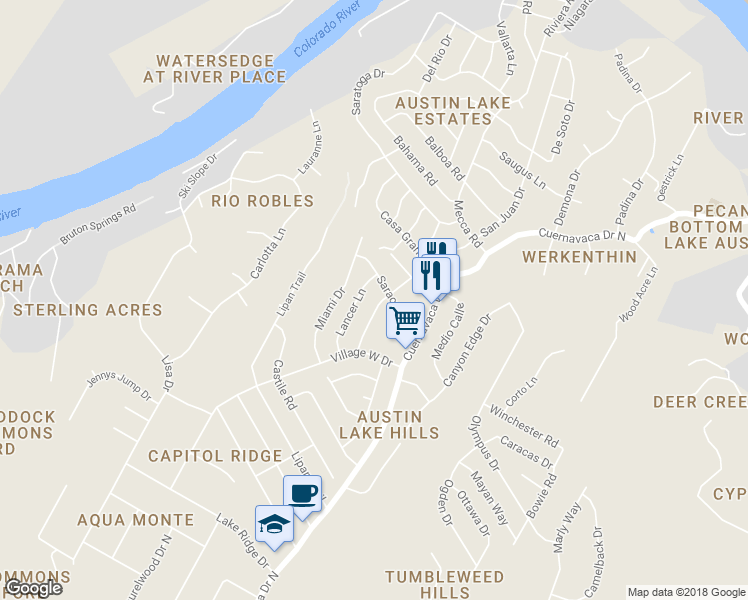 map of restaurants, bars, coffee shops, grocery stores, and more near 1602 San Juan Drive in Austin