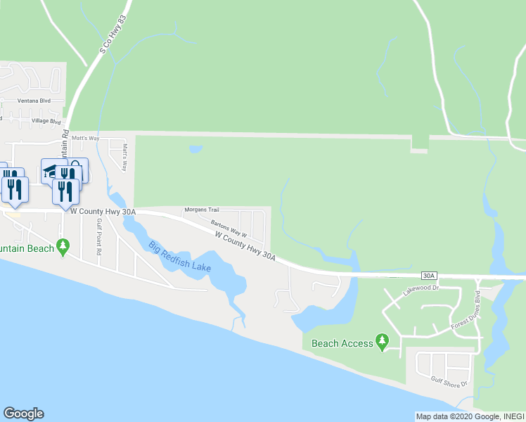 map of restaurants, bars, coffee shops, grocery stores, and more near 150 Morgans Trail in Santa Rosa Beach