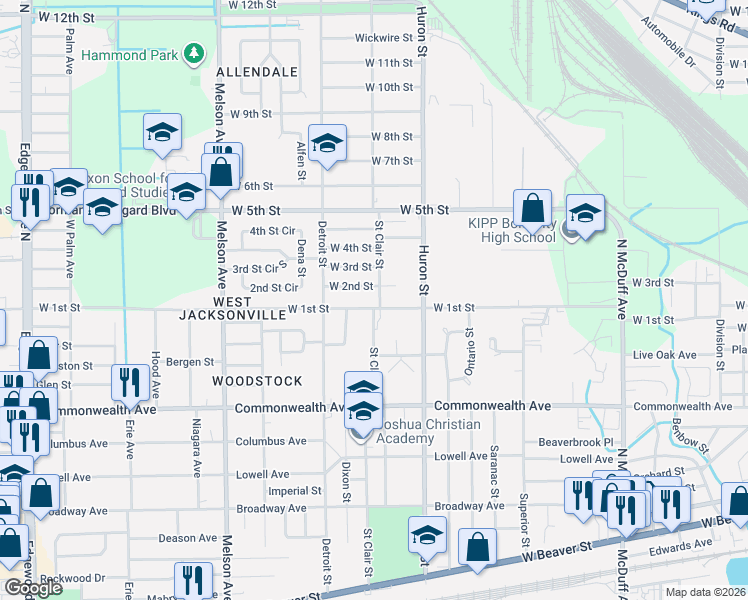 map of restaurants, bars, coffee shops, grocery stores, and more near 2845 West 1st Street in Jacksonville